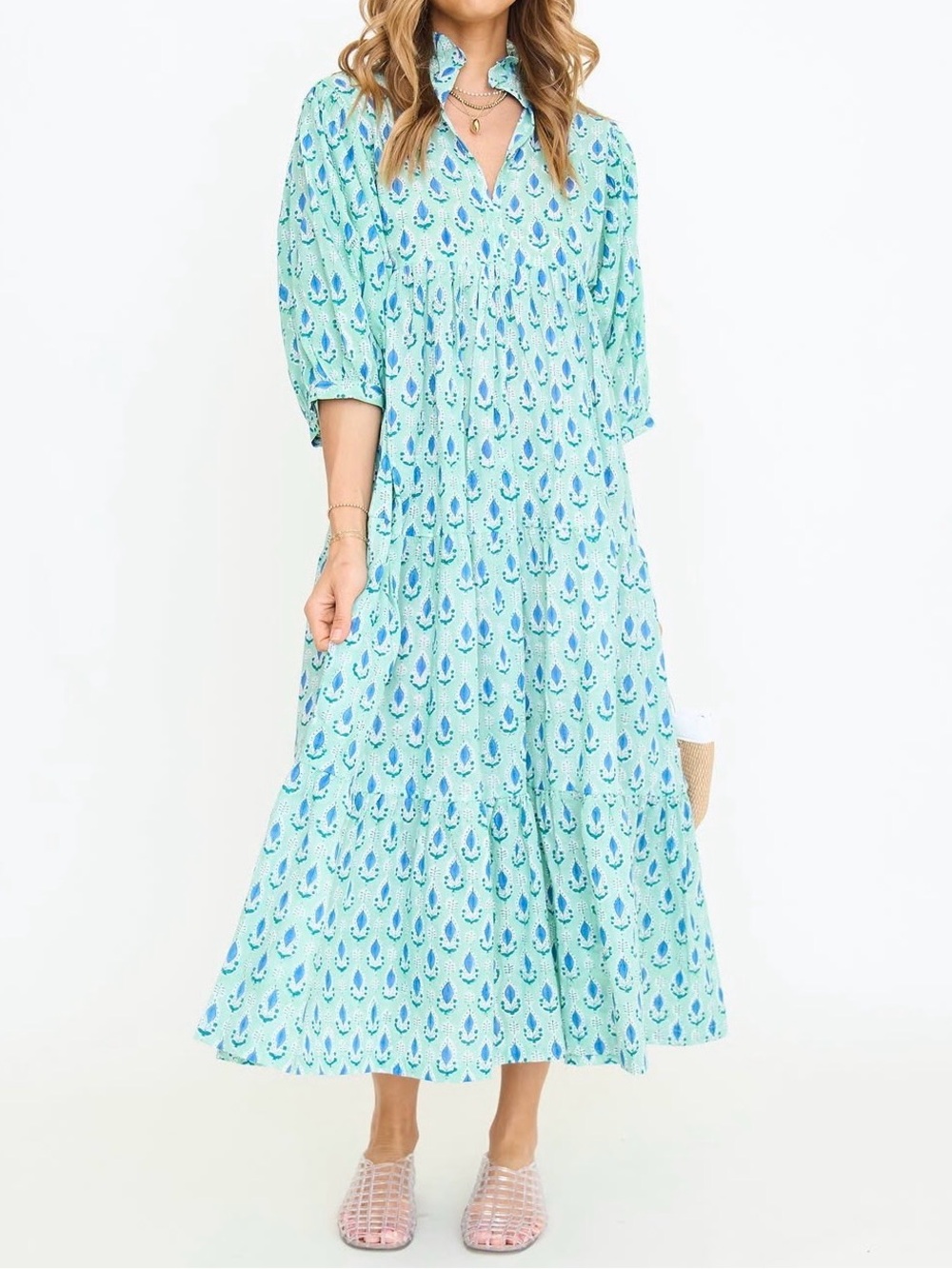 Mint Blue Printed Maxi Dress with V-Neck and Tiered Skirt from Lady Hart Bouti